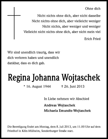 Anzeige von Regina Johanna Wojtaschek von Kölner Stadt-Anzeiger / Kölnische Rundschau / Express