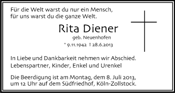 Anzeige von Rita Diener von Kölner Stadt-Anzeiger / Kölnische Rundschau / Express