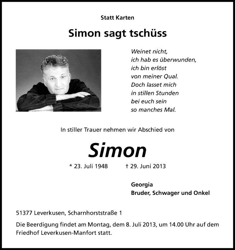  Traueranzeige für Simon Loakeimidis vom 04.07.2013 aus Kölner Stadt-Anzeiger / Kölnische Rundschau / Express