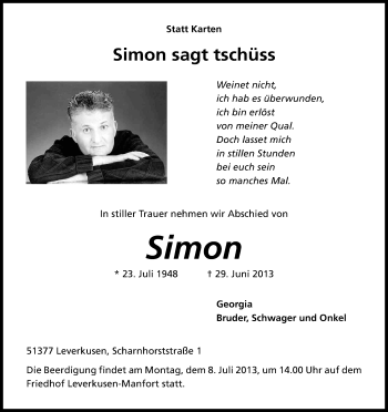 Anzeige von Simon Loakeimidis von Kölner Stadt-Anzeiger / Kölnische Rundschau / Express