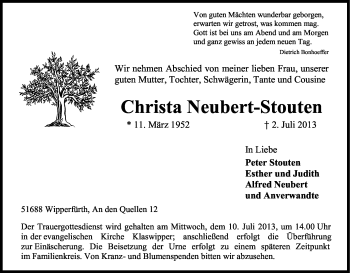 Anzeige von Christa Neubert-Stouten von Kölner Stadt-Anzeiger / Kölnische Rundschau / Express