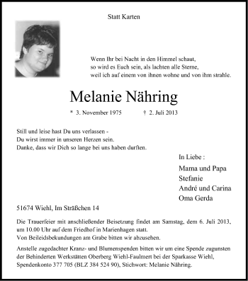 Anzeige von Melanie Nähring von Kölner Stadt-Anzeiger / Kölnische Rundschau / Express