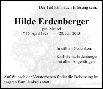 Anzeige von Hilde Erdenberger von Kölner Stadt-Anzeiger / Kölnische Rundschau / Express