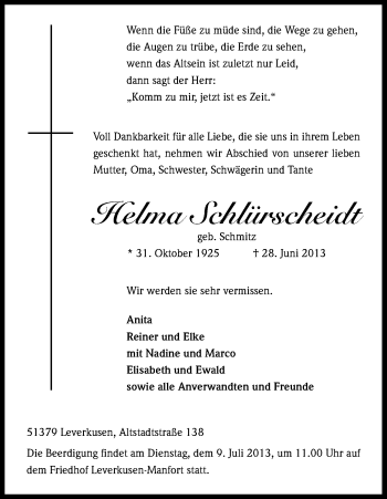 Anzeige von Helma Schlürscheidt von Kölner Stadt-Anzeiger / Kölnische Rundschau / Express