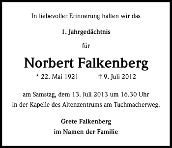 Anzeige von Norbert Falkenberg von Kölner Stadt-Anzeiger / Kölnische Rundschau / Express