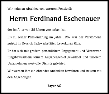 Anzeige von Ferdinand Eschenauer von Kölner Stadt-Anzeiger / Kölnische Rundschau / Express