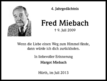Anzeige von Fred Miebach von Kölner Stadt-Anzeiger / Kölnische Rundschau / Express