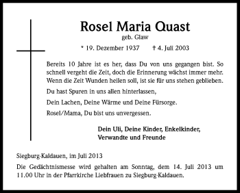 Anzeige von Rosel Maria Quast von Kölner Stadt-Anzeiger / Kölnische Rundschau / Express