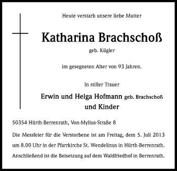 Anzeige von Katharina Brachschoß von Kölner Stadt-Anzeiger / Kölnische Rundschau / Express