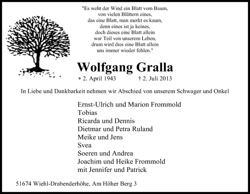  Traueranzeige für Wolfgang Gralla vom 04.07.2013 aus Kölner Stadt-Anzeiger / Kölnische Rundschau / Express