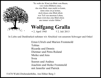 Anzeige von Wolfgang Gralla von Kölner Stadt-Anzeiger / Kölnische Rundschau / Express