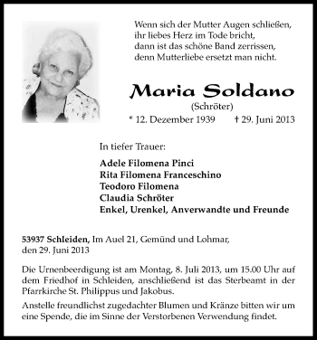 Anzeige von Maria Soldano von Kölner Stadt-Anzeiger / Kölnische Rundschau / Express