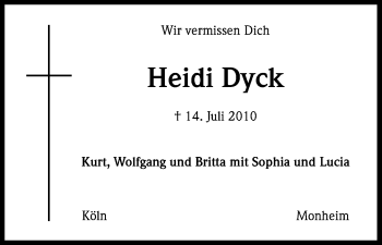 Anzeige von Heidi Dyck von Kölner Stadt-Anzeiger / Kölnische Rundschau / Express