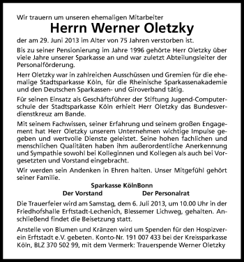 Anzeige von Werner Oletzky von Kölner Stadt-Anzeiger / Kölnische Rundschau / Express
