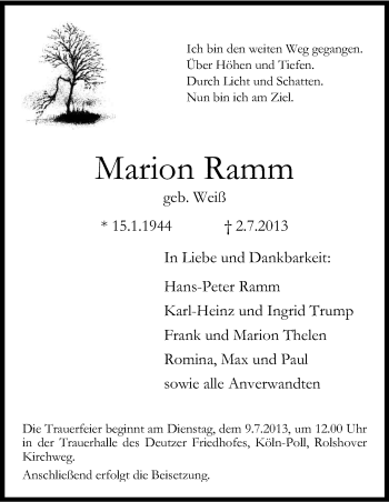 Anzeige von Marion Ramm von Kölner Stadt-Anzeiger / Kölnische Rundschau / Express