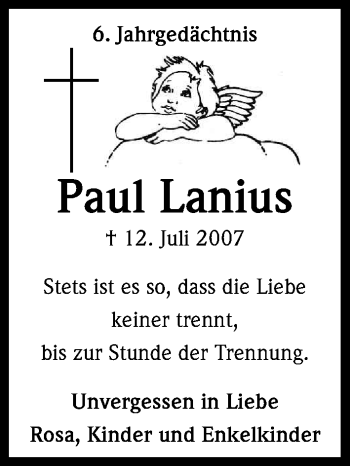 Anzeige von Paul Lanius von Kölner Stadt-Anzeiger / Kölnische Rundschau / Express