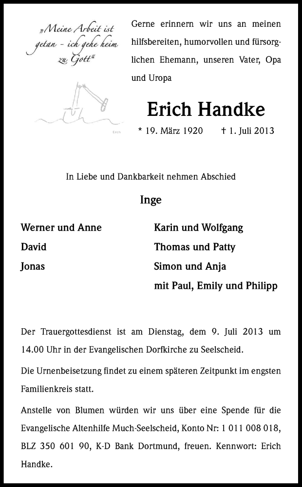  Traueranzeige für Erich Handke vom 06.07.2013 aus Kölner Stadt-Anzeiger / Kölnische Rundschau / Express