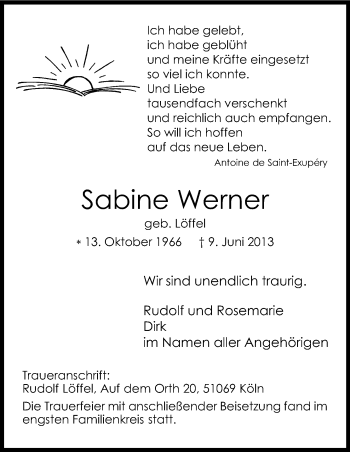 Anzeige von Sabine Werner von Kölner Stadt-Anzeiger / Kölnische Rundschau / Express