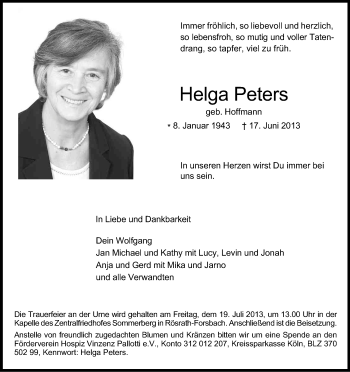 Anzeige von Helga Peters von Kölner Stadt-Anzeiger / Kölnische Rundschau / Express