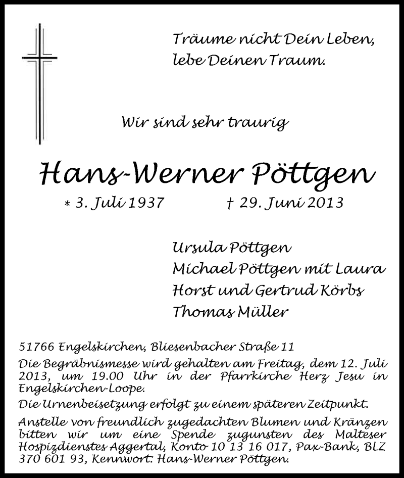  Traueranzeige für Hans-Werner Pöttgen vom 06.07.2013 aus Kölner Stadt-Anzeiger / Kölnische Rundschau / Express