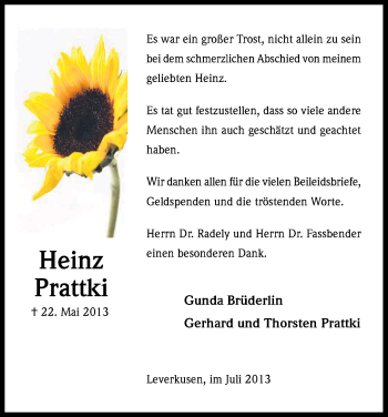 Anzeige von Heinz Prattki von Kölner Stadt-Anzeiger / Kölnische Rundschau / Express