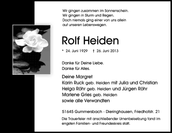 Anzeige von Rolf Heiden von Kölner Stadt-Anzeiger / Kölnische Rundschau / Express