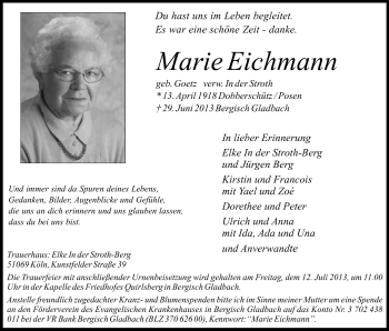 Anzeige von Marie Eichmann von Kölner Stadt-Anzeiger / Kölnische Rundschau / Express