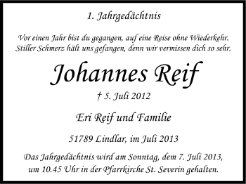 Anzeige von Johannes Reif von Kölner Stadt-Anzeiger / Kölnische Rundschau / Express