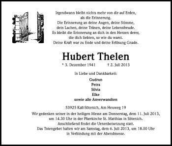 Anzeige von Hubert Thelen von Kölner Stadt-Anzeiger / Kölnische Rundschau / Express