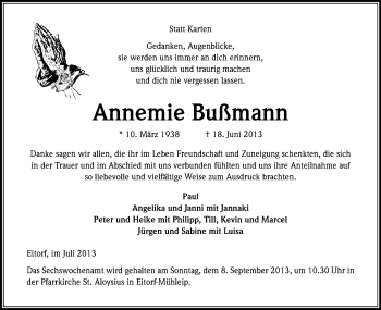 Anzeige von Annemie Bußmann von Kölner Stadt-Anzeiger / Kölnische Rundschau / Express