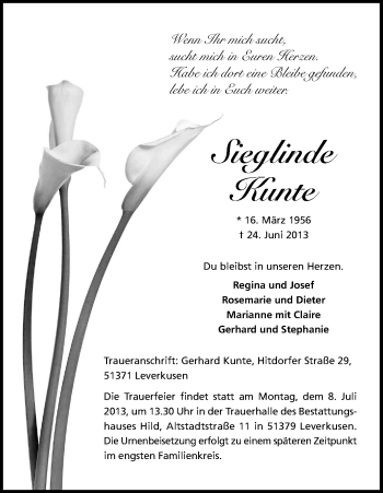 Anzeige von Sieglinde Kunte von Kölner Stadt-Anzeiger / Kölnische Rundschau / Express