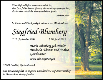 Anzeige von Siegfried Blumberg von Kölner Stadt-Anzeiger / Kölnische Rundschau / Express