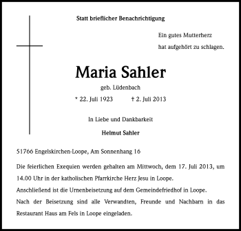 Anzeige von Maria Sahler von Kölner Stadt-Anzeiger / Kölnische Rundschau / Express