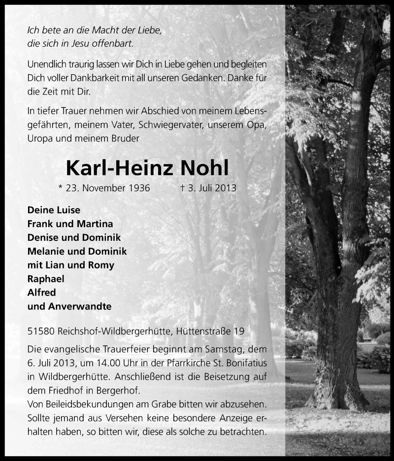  Traueranzeige für Karl-Heinz Nohl vom 05.07.2013 aus Kölner Stadt-Anzeiger / Kölnische Rundschau / Express