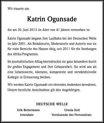 Anzeige von Katrin Ogunsade von Kölner Stadt-Anzeiger / Kölnische Rundschau / Express