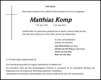 Anzeige von Matthias Komp von Kölner Stadt-Anzeiger / Kölnische Rundschau / Express
