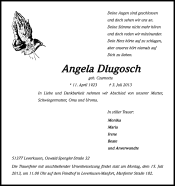 Anzeige von Angela Dlugosch von Kölner Stadt-Anzeiger / Kölnische Rundschau / Express