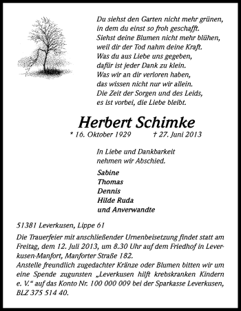 Anzeige von Herbert Schimke von Kölner Stadt-Anzeiger / Kölnische Rundschau / Express