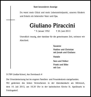 Anzeige von Giuliano Piraccini von Kölner Stadt-Anzeiger / Kölnische Rundschau / Express