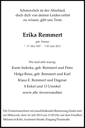Anzeige von Erika Remmert von Kölner Stadt-Anzeiger / Kölnische Rundschau / Express