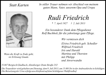 Anzeige von Rudi Friedrich von Kölner Stadt-Anzeiger / Kölnische Rundschau / Express
