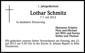 Anzeige von Lothar Schmitz von Kölner Stadt-Anzeiger / Kölnische Rundschau / Express