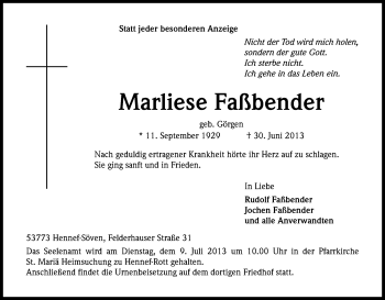 Anzeige von Marliese Faßbender von Kölner Stadt-Anzeiger / Kölnische Rundschau / Express