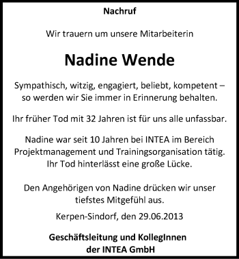 Anzeige von Nadine Wende von Kölner Stadt-Anzeiger / Kölnische Rundschau / Express