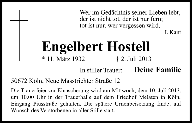  Traueranzeige für Hostell Engelbert vom 06.07.2013 aus Kölner Stadt-Anzeiger / Kölnische Rundschau / Express