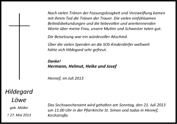 Anzeige von Hildegard Löwe von Kölner Stadt-Anzeiger / Kölnische Rundschau / Express