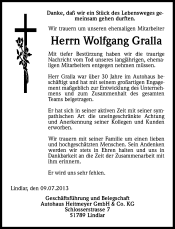 Anzeige von Wolfgang Gralla von Kölner Stadt-Anzeiger / Kölnische Rundschau / Express