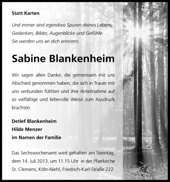 Anzeige von Sabine Blankenheim von Kölner Stadt-Anzeiger / Kölnische Rundschau / Express