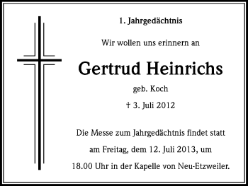 Anzeige von Gertrud Heinrichs von Kölner Stadt-Anzeiger / Kölnische Rundschau / Express