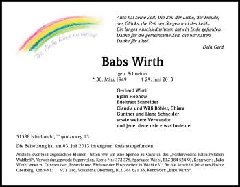 Anzeige von Barbara Wirth von Kölner Stadt-Anzeiger / Kölnische Rundschau / Express